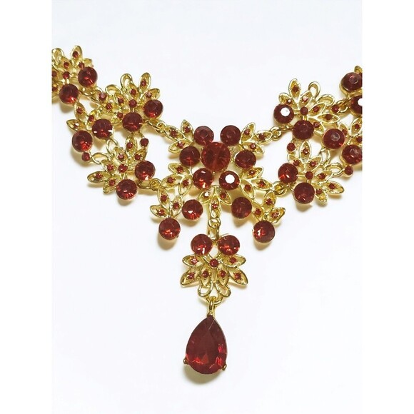 Gold Red Rhinestone Wedding Necklace and Earrings Set - Picture 2 of 4